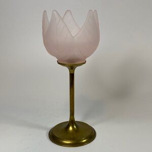 Elegant Pink Glass and Brass Candle Holder